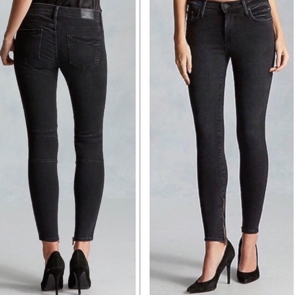 True Religion Halle Mid Rise Super Skinny Zipper Ankle Leg Washed Black Jeans 26